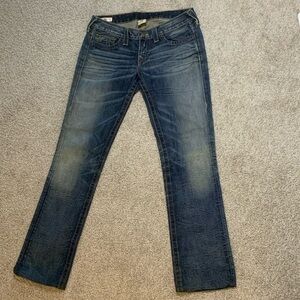 True Religion Women's Straight Leg Jeans in Dark Blue Wash